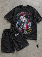 Black Tee & Shorts Combo – Akaza Unleashed – flat-lay | Demon Slayer