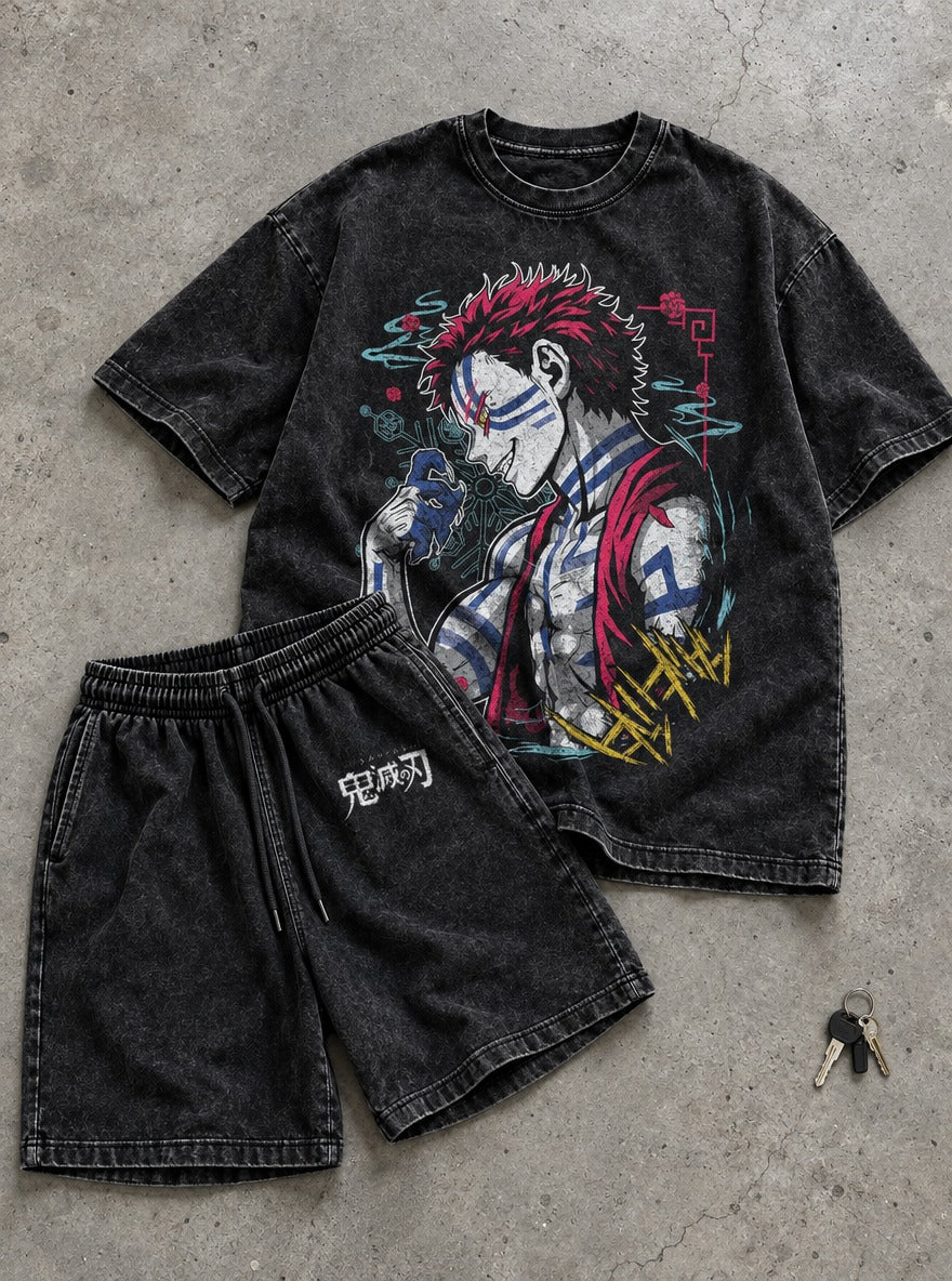 Black Tee & Shorts Combo – Akaza Unleashed – flat-lay | Demon Slayer