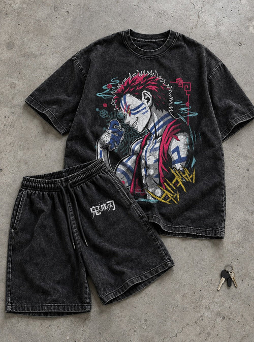 Black Tee & Shorts Combo – Akaza Unleashed – flat-lay | Demon Slayer