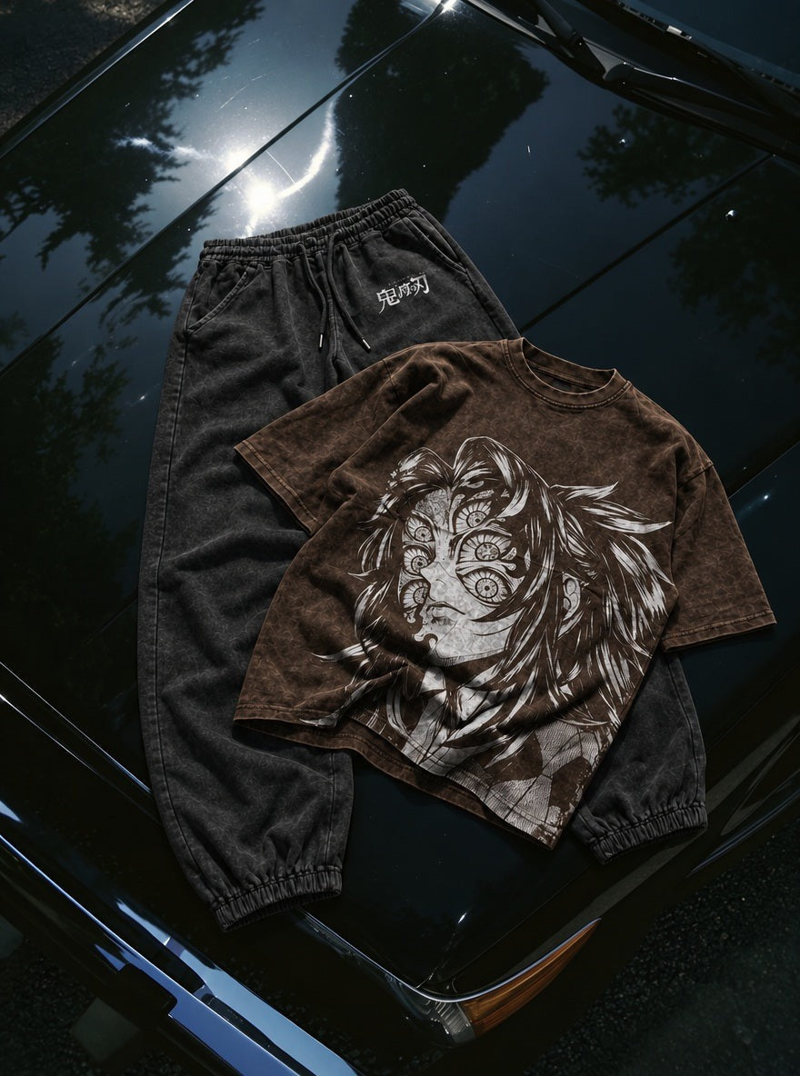 Brown Tee & Joggers Combo – Many-Eyed Face – flat-lay | Demon Slayer