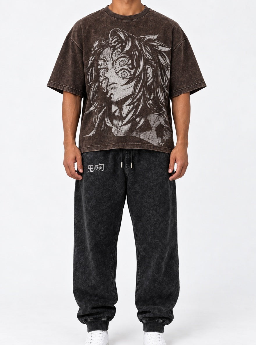 Brown Tee & Joggers Combo – Many-Eyed Face – model shot | Demon Slayer