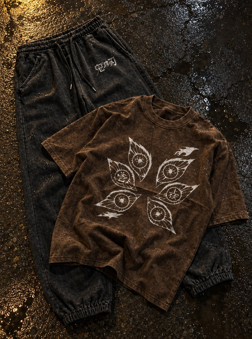 Brown Tee & Joggers Combo – Six Eyes – flat-lay | Demon Slayer