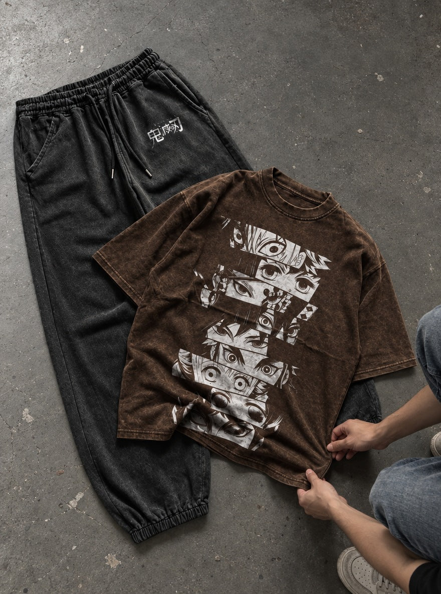 Brown Tee & Joggers Combo – Stacked Eyes – flat-lay | Demon Slayer