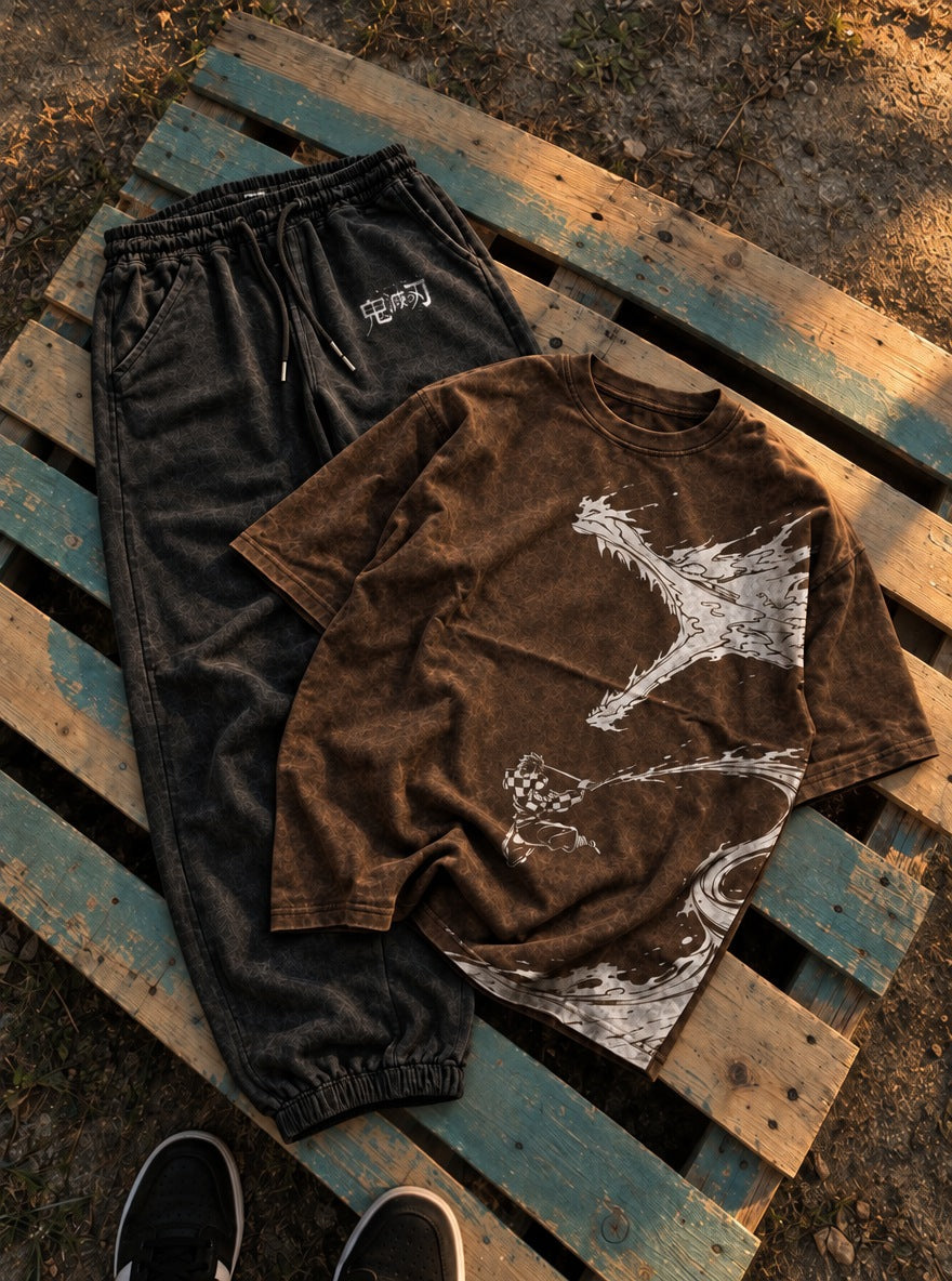 Brown Tee & Joggers Combo – Crane – flat-lay | Demon Slayer