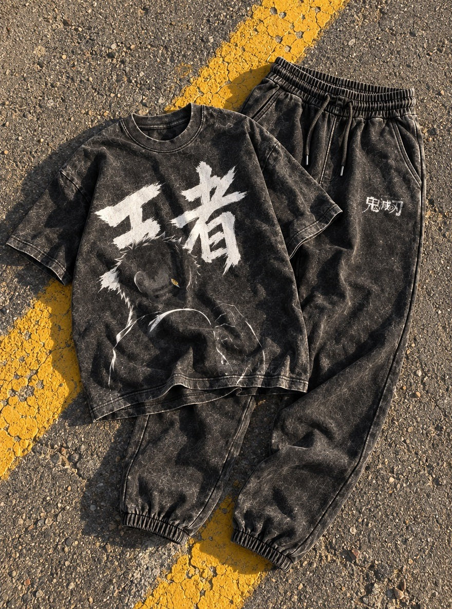 Cool Black Tee & Joggers Combo – Akaza King – flat-lay | Demon Slayer