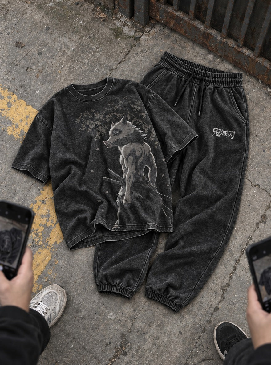Cool Black Tee & Joggers Combo – Wild Boar – flat-lay | Demon Slayer