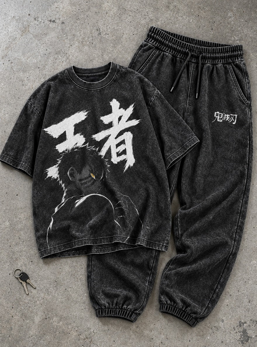 Cool Black Tee & Joggers Combo – Akaza King – flat-lay | Demon Slayer