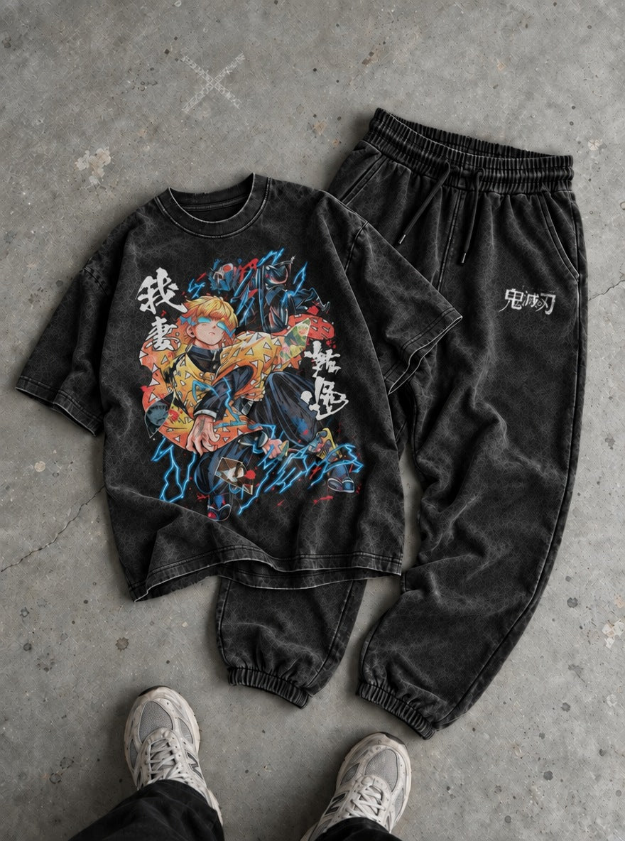 Slayers Tee & Joggers Combo – Zenitsu Lightning – flat-lay | Demon Slayer
