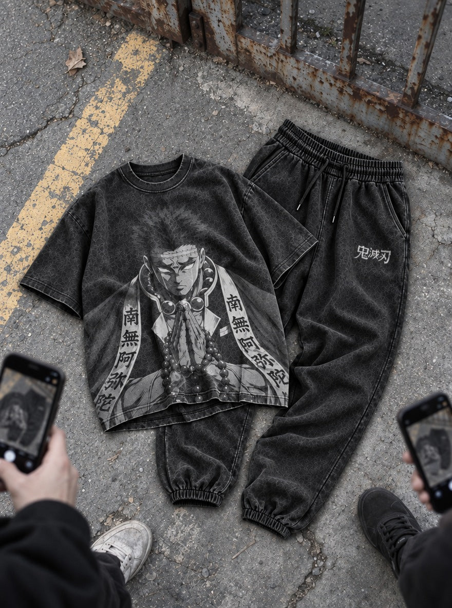Slayers Tee & Joggers Combo – Gyomei Prayer – flat-lay | Demon Slayer