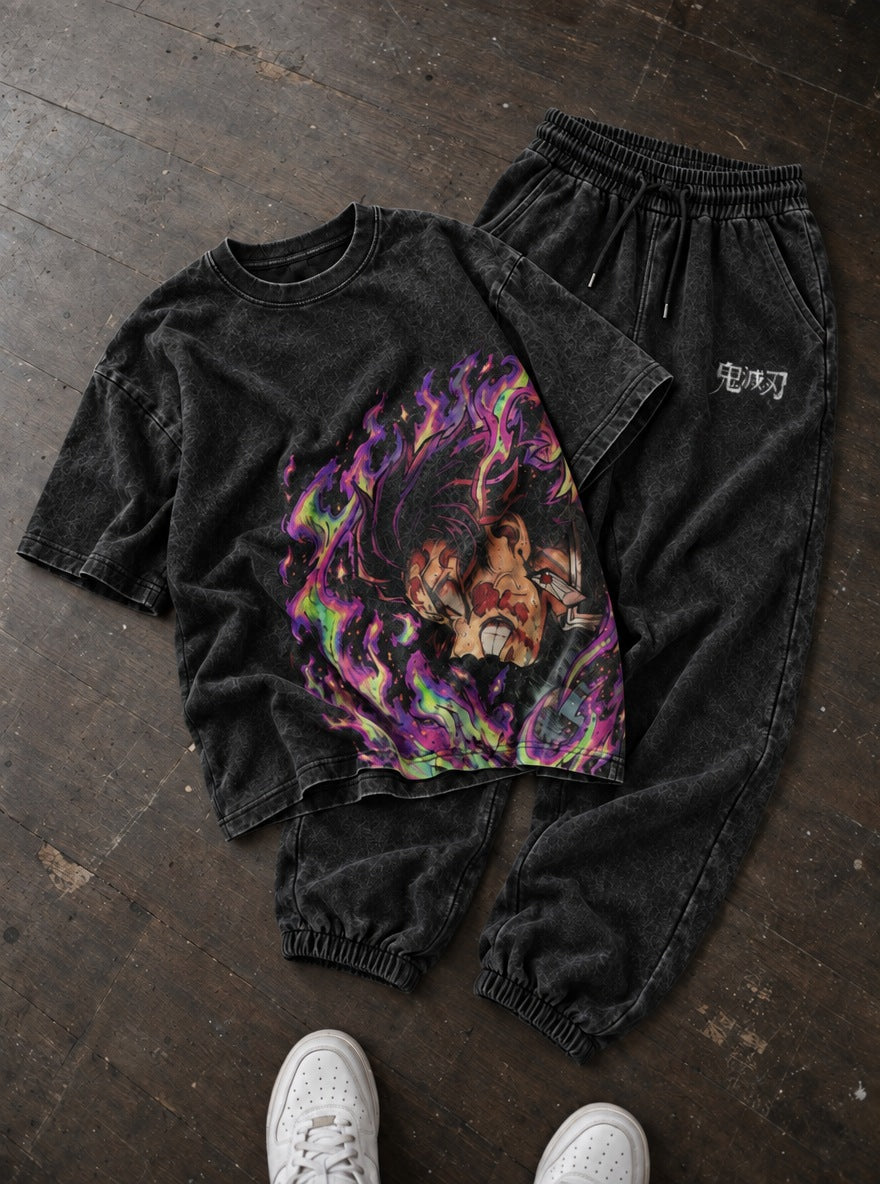 Slayers Tee & Joggers Combo – Purple Flame – flat-lay | Demon Slayer