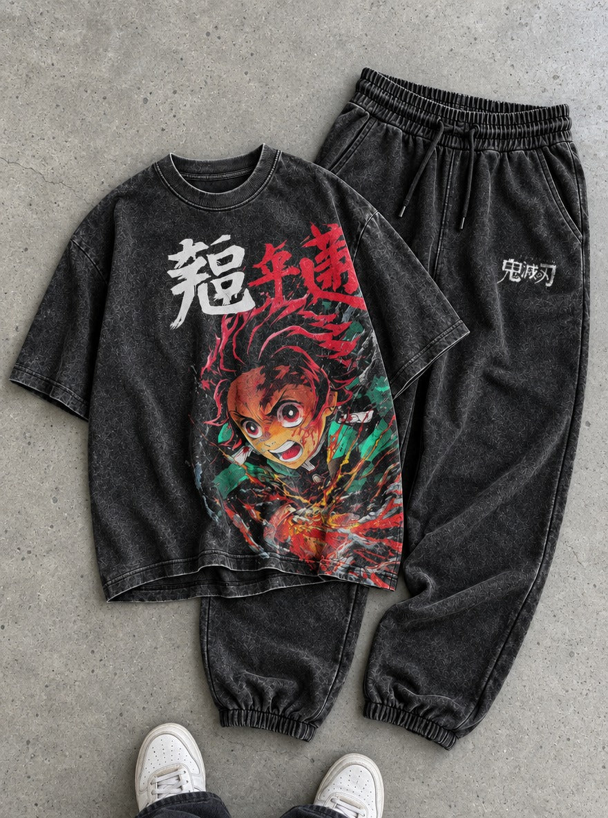 Slayers Tee & Joggers Combo – Tanjiro Blaze – flat-lay | Demon Slayer