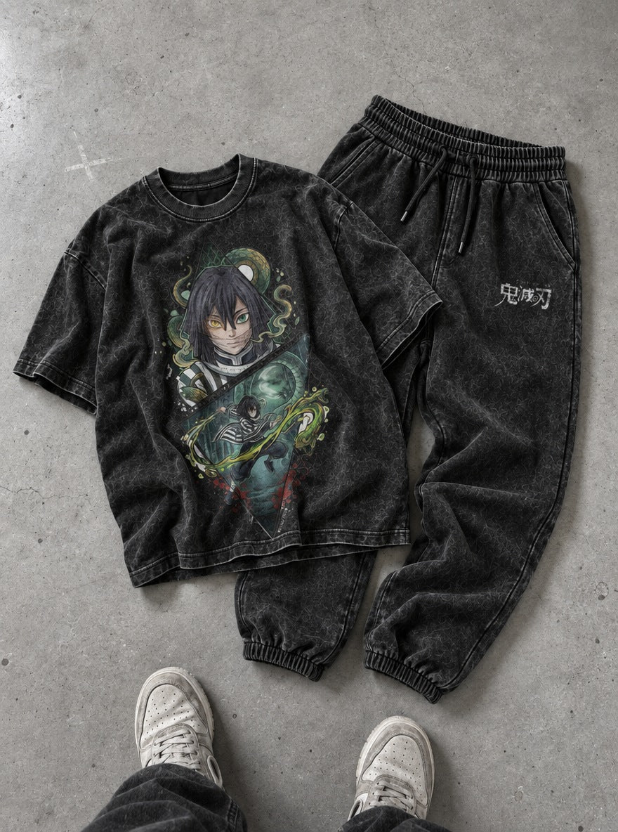 Upper Ranks Tee & Joggers Combo – Obanai Serpent – flat-lay | Demon Slayer