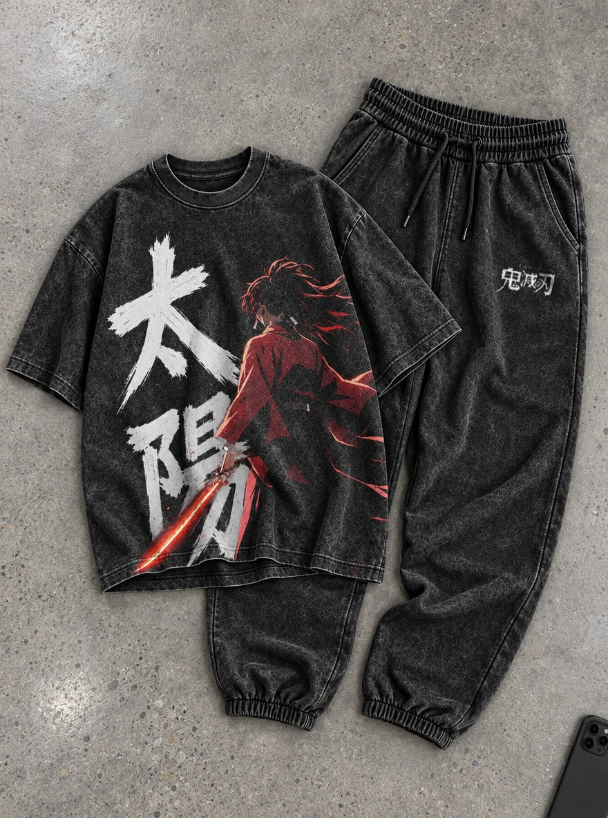 Upper Ranks Tee & Joggers Combo – Yoriichi Sun – flat-lay | Demon Slayer