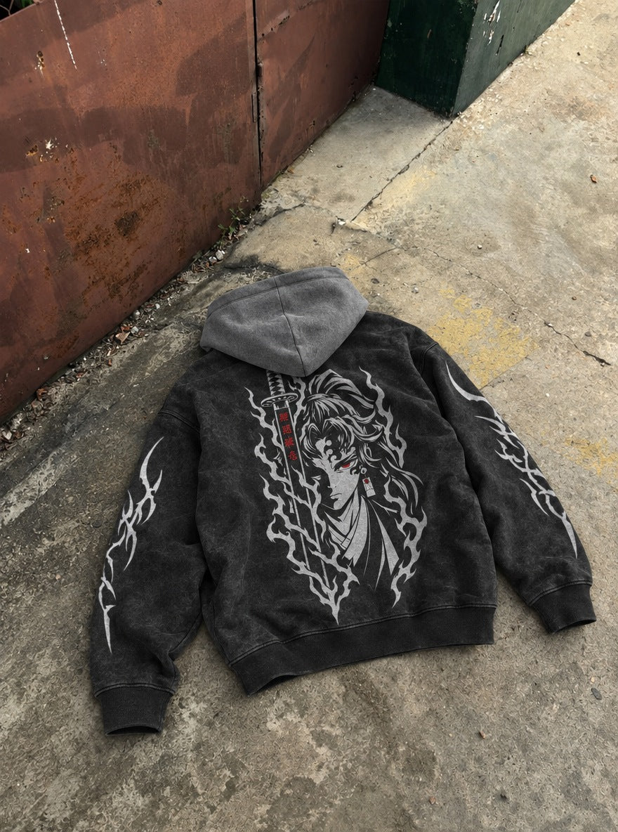 Yoriichi Blade – Black & Grey Hoodie – flat-lay | Demon Slayer