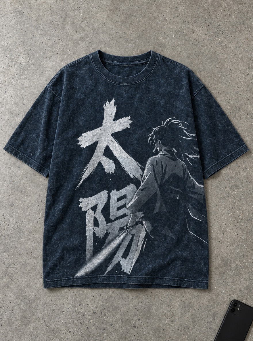 Yoriichi Sun – Navy Blue T-Shirt – flat-lay | Demon Slayer
