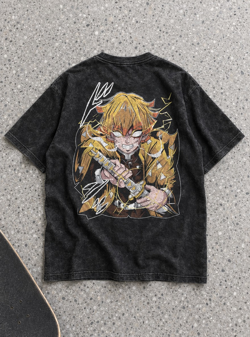 Zenitsu Fury – Black T-Shirt – flat-lay | Demon Slayer