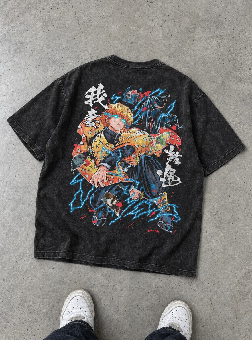 Zenitsu Lightning – Black T-Shirt – flat-lay | Demon Slayer
