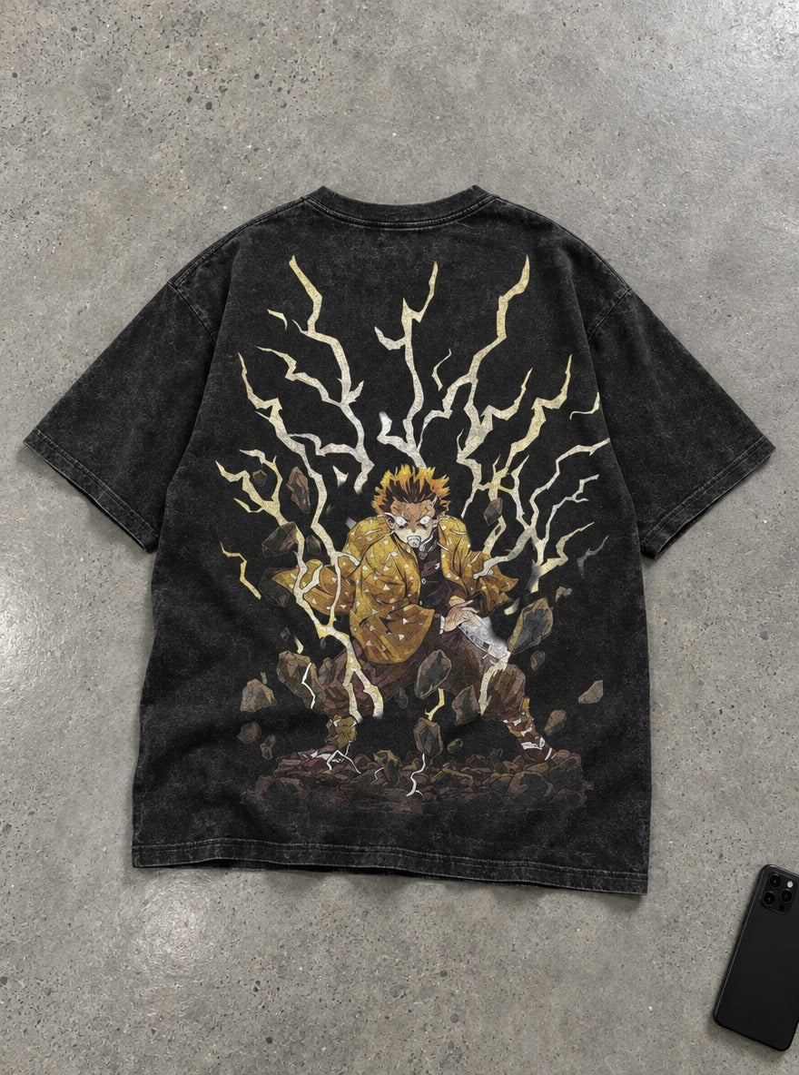 Zenitsu Thunder – Black T-Shirt – flat-lay | Demon Slayer