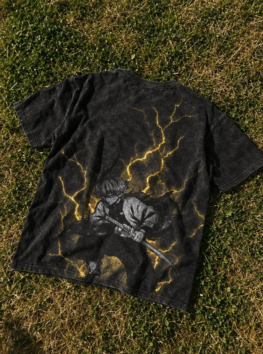 Zenitsu Thunderclap – Black T-Shirt – flat-lay | Demon Slayer