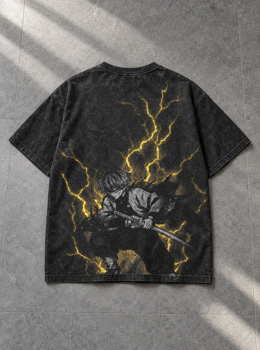 Zenitsu Thunderclap – Black T-Shirt – flat-lay | Demon Slayer