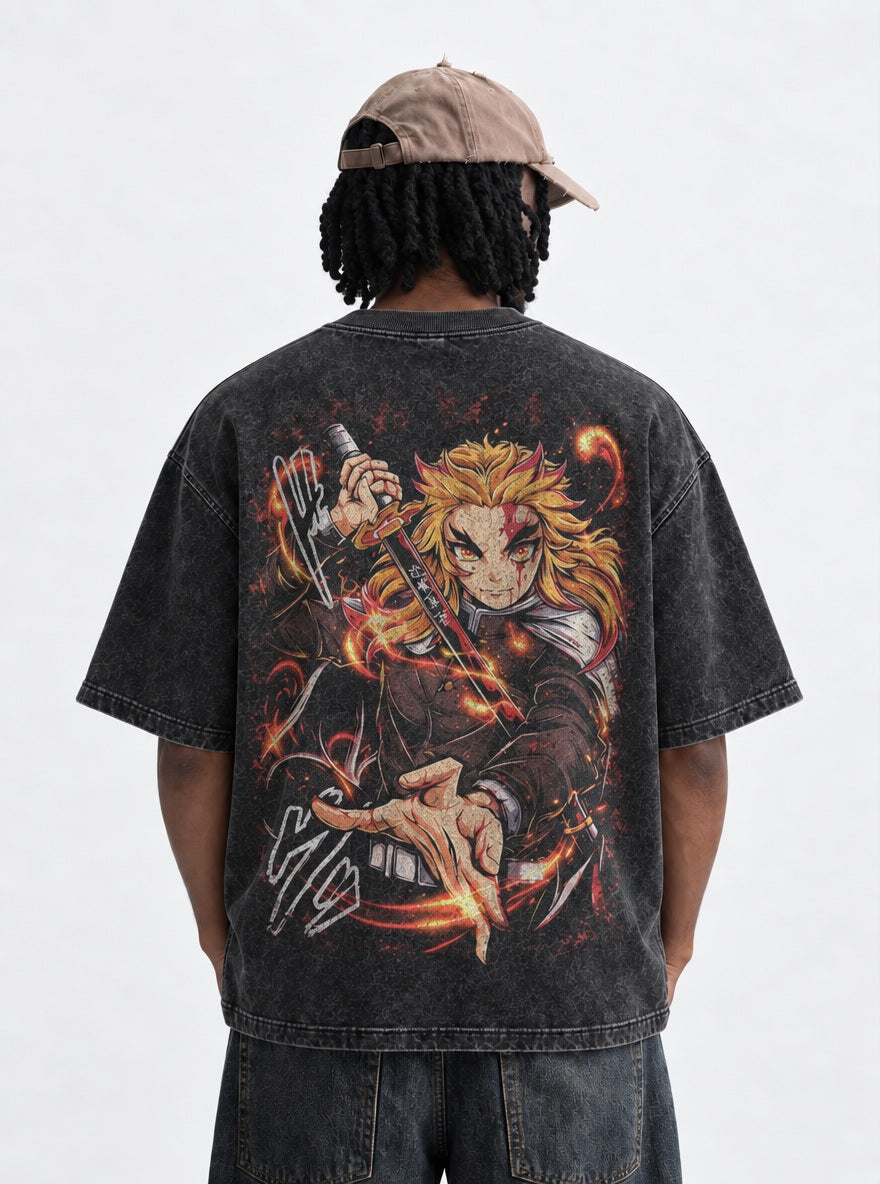 Rengoku Flame – Black T-Shirt – model shot | Demon Slayer