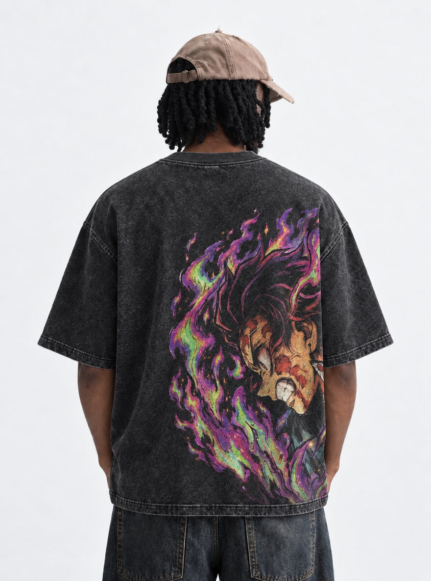 Purple Flame – Black T-Shirt – model shot | Demon Slayer