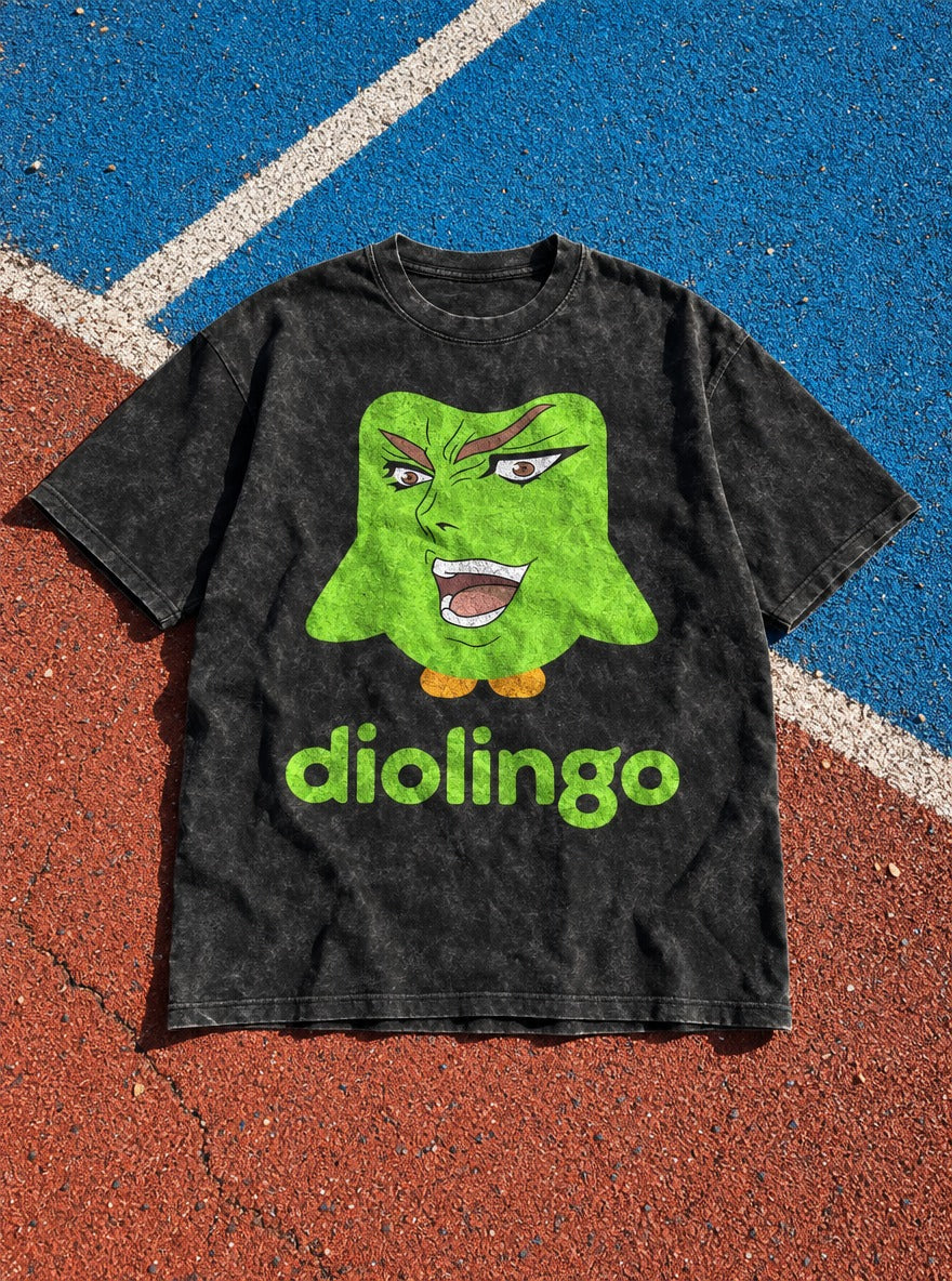 Dio Lingo – Black Acid Wash Tee – flat-lay | Meme Tees