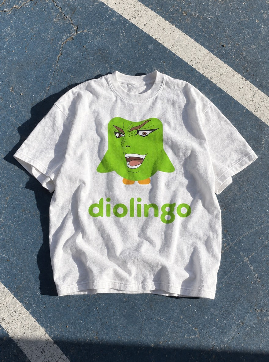 Dio Lingo – White Tee – flat-lay | Meme Tees
