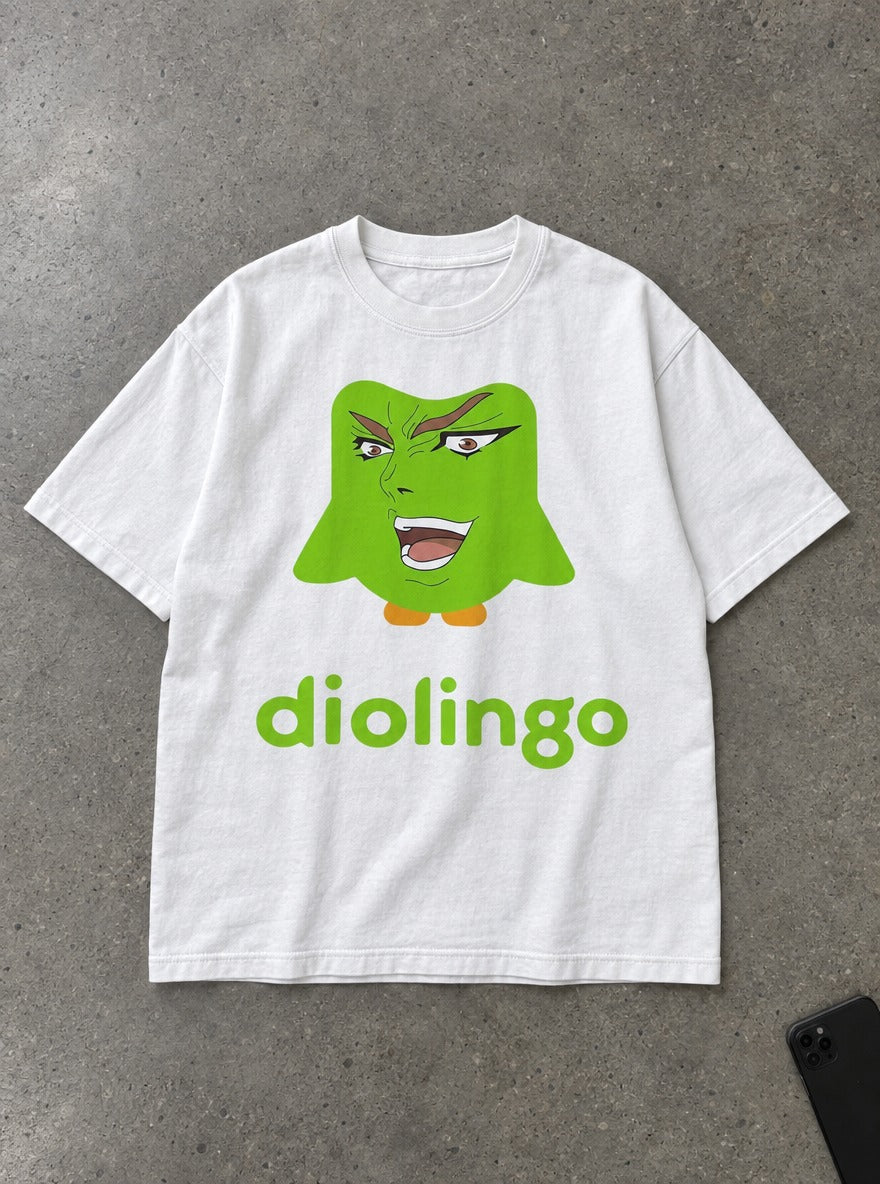 Dio Lingo – White Tee – flat-lay | Meme Tees