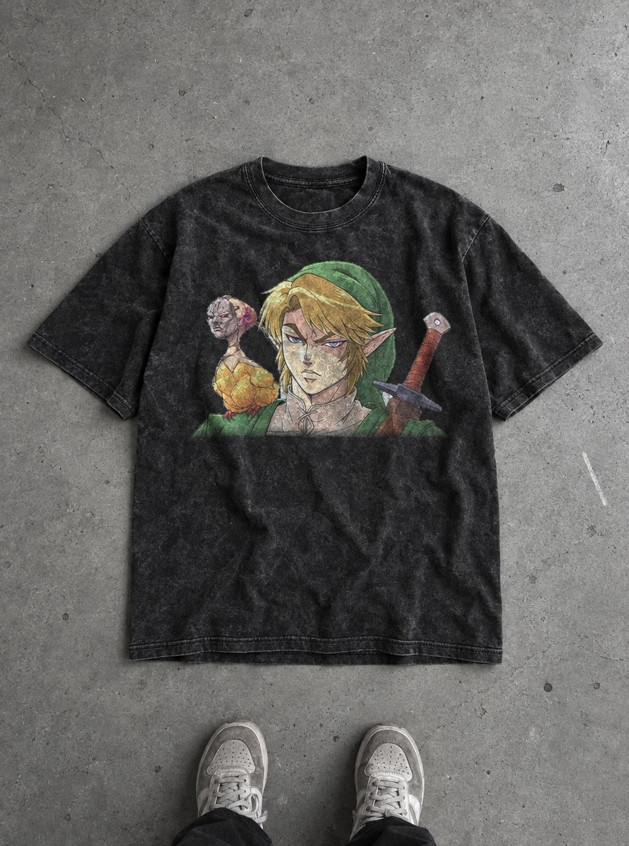 Dio Link – Black Acid Wash Tee – flat-lay | Meme Tees