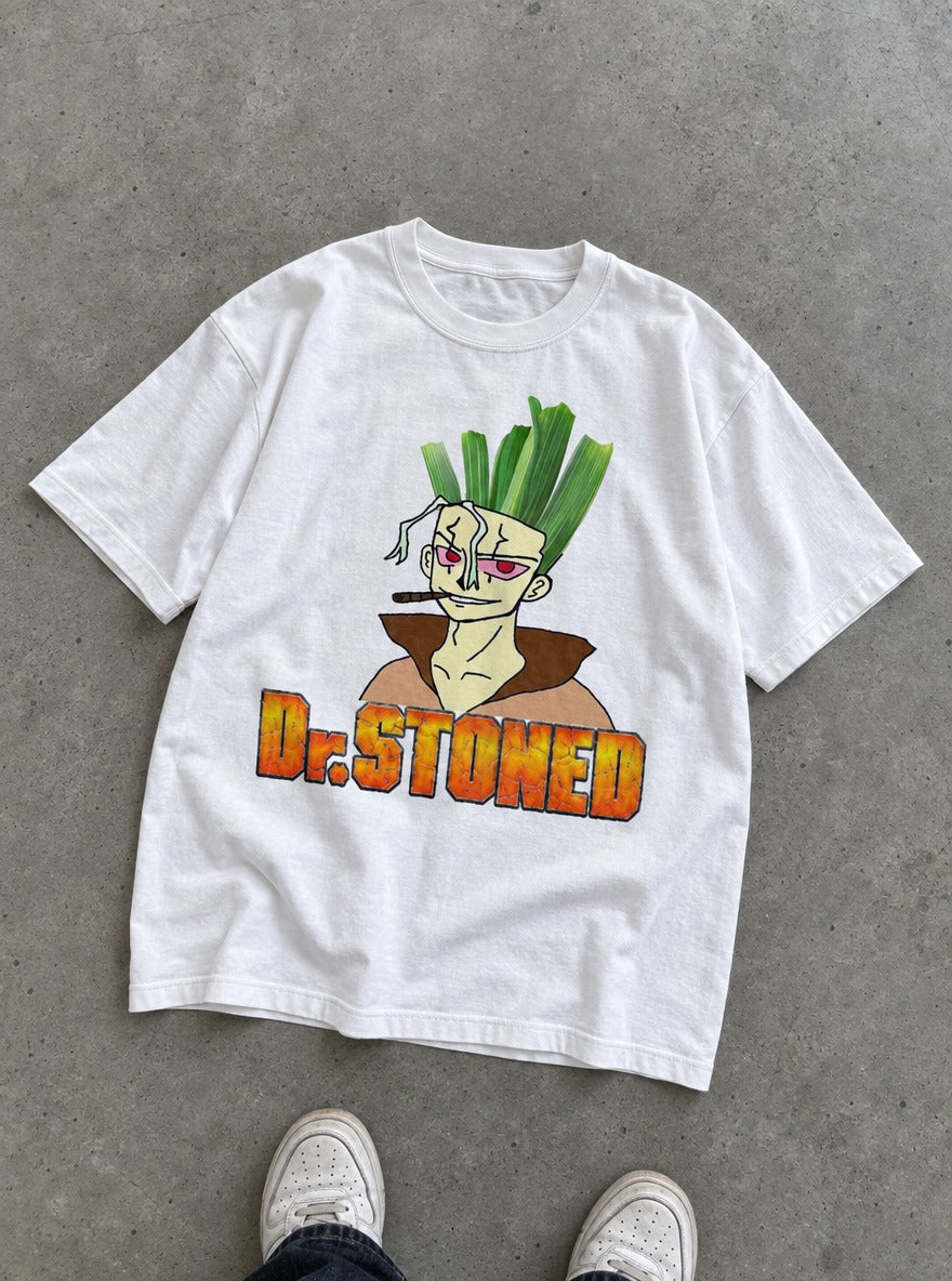 Dr. Stoned – White Tee – flat-lay | Meme Tees