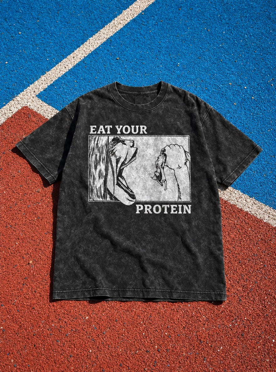Eat Your Protein AOT – Black Acid Wash Tee – flat-lay | Meme Tees