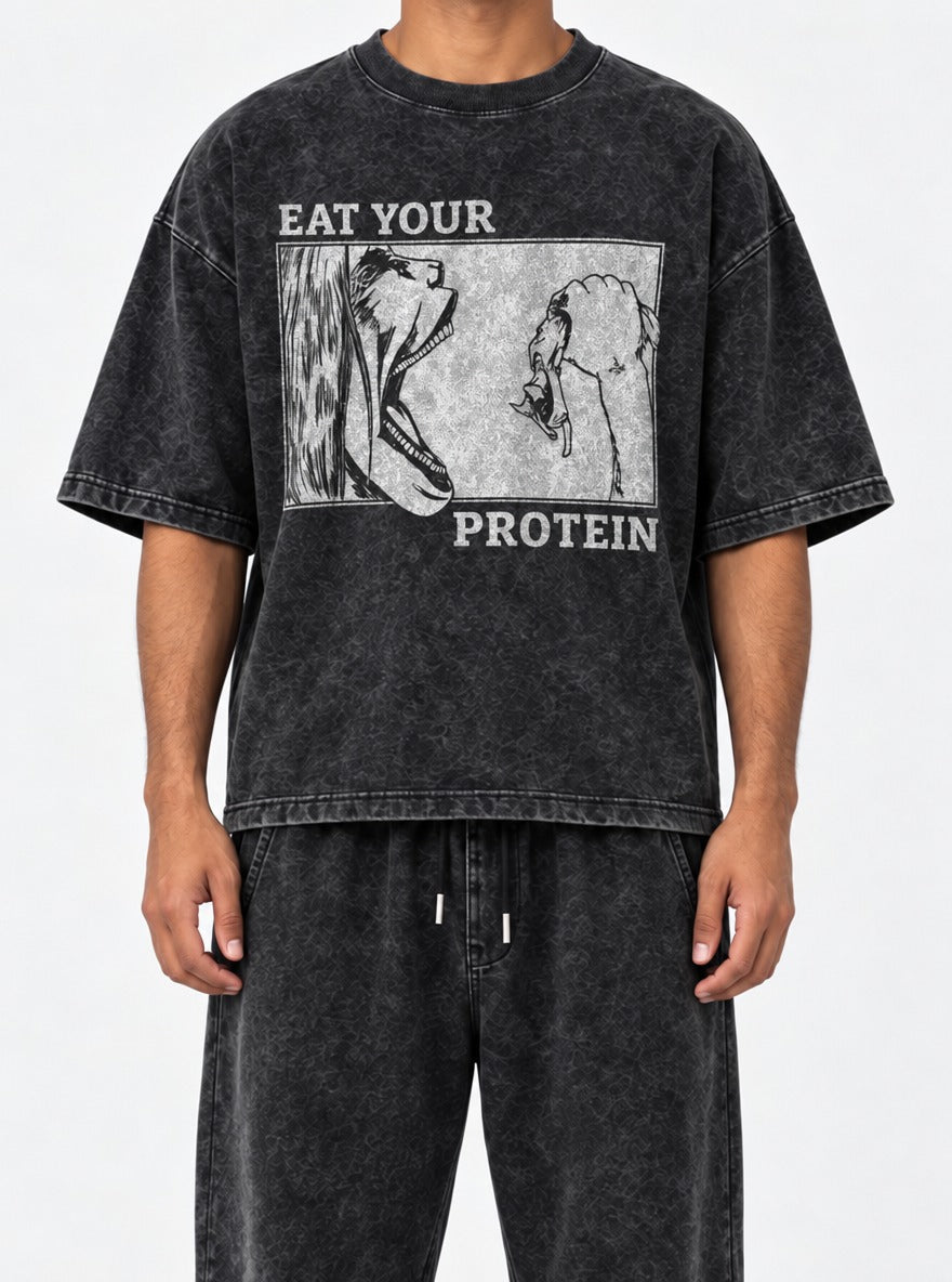 Eat Your Protein AOT – Black Acid Wash Tee – model shot | Meme Tees