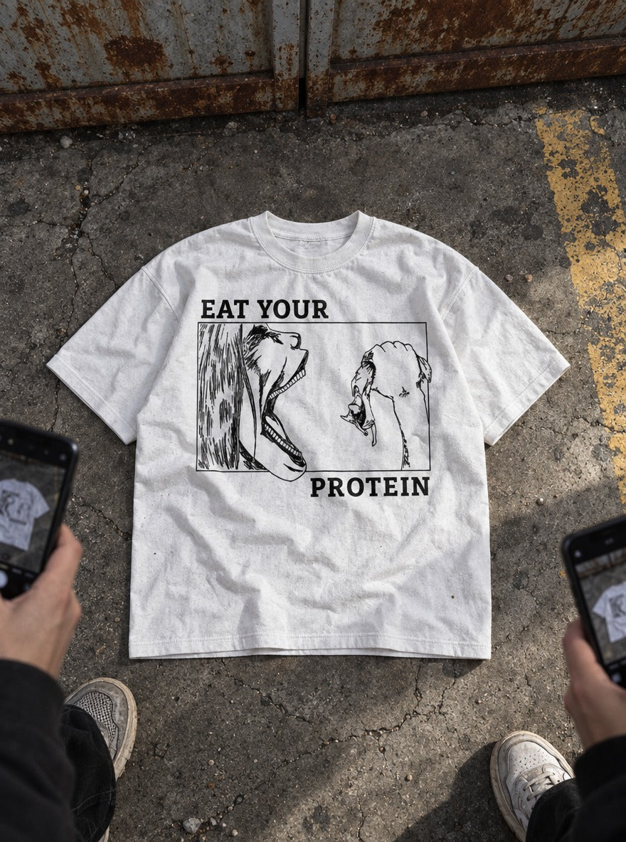 Eat Your Protein AOT – White Tee – flat-lay | Meme Tees