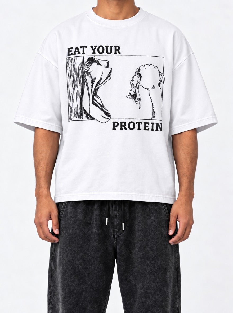 Eat Your Protein AOT – White Tee – model shot | Meme Tees