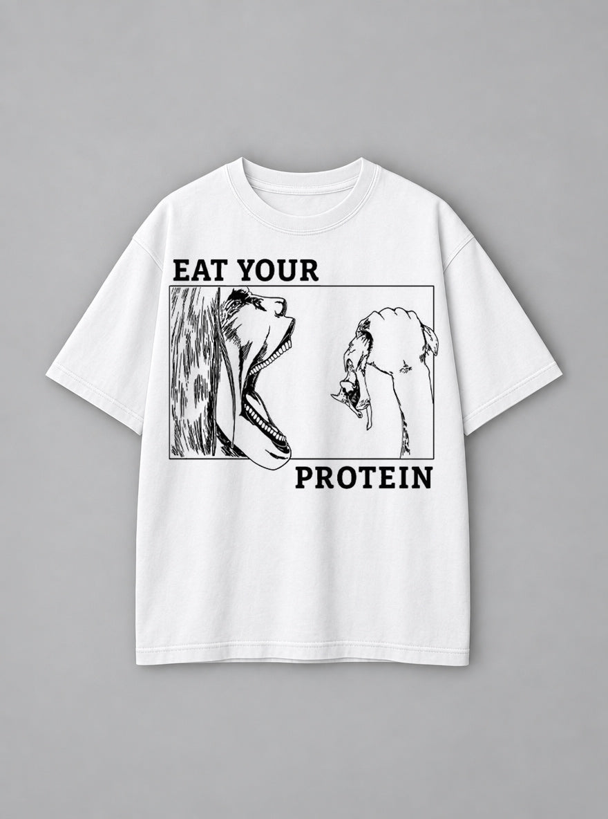 Eat Your Protein AOT – White Tee – mockup | Meme Tees