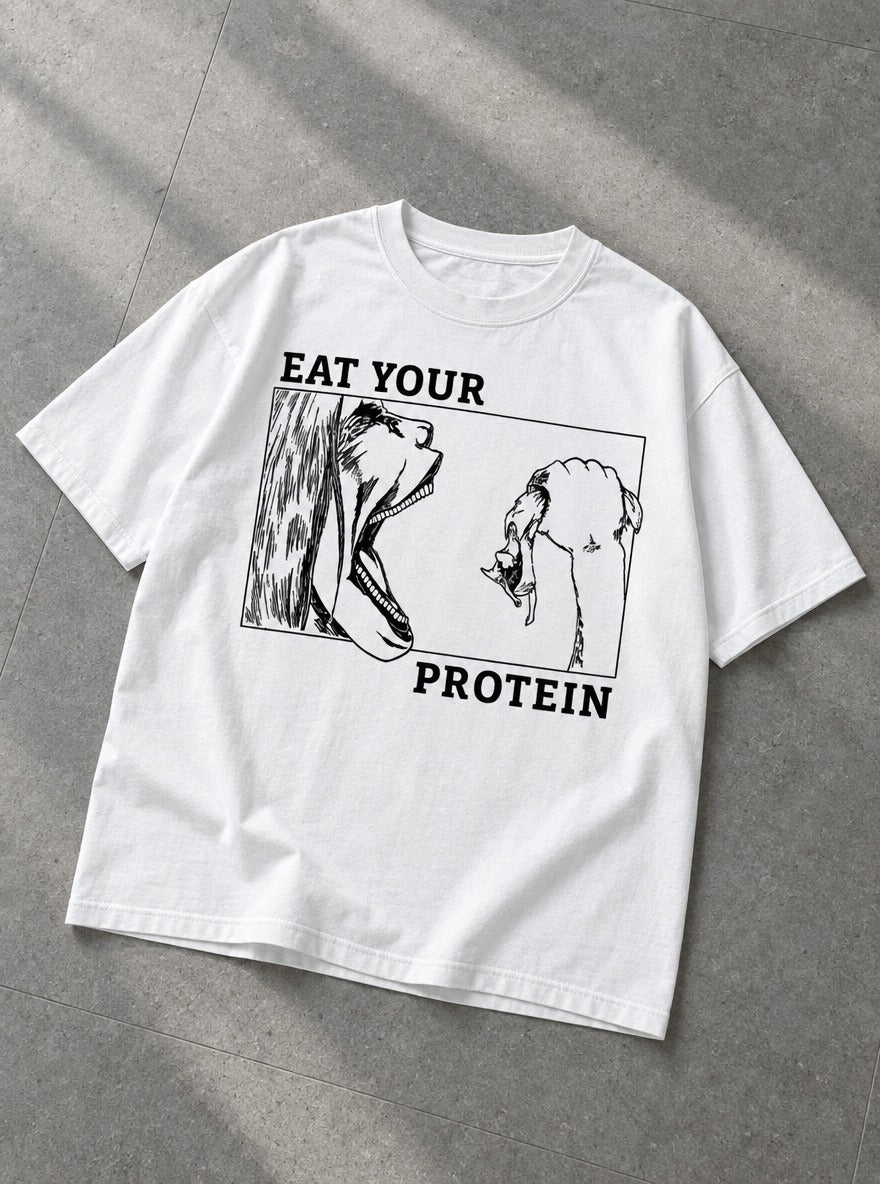 Eat Your Protein AOT – White Tee – flat-lay | Meme Tees