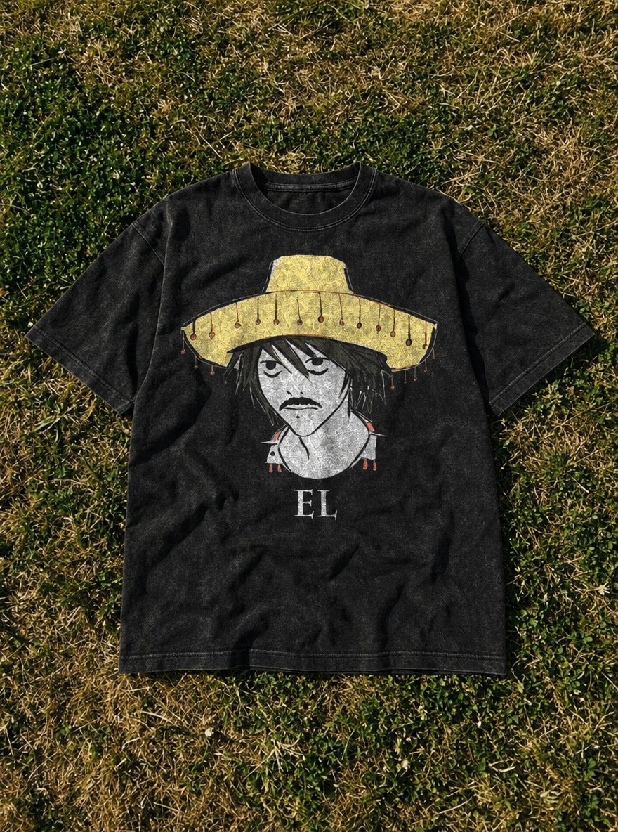 El D Note – Black Acid Wash Tee – flat-lay | Meme Tees