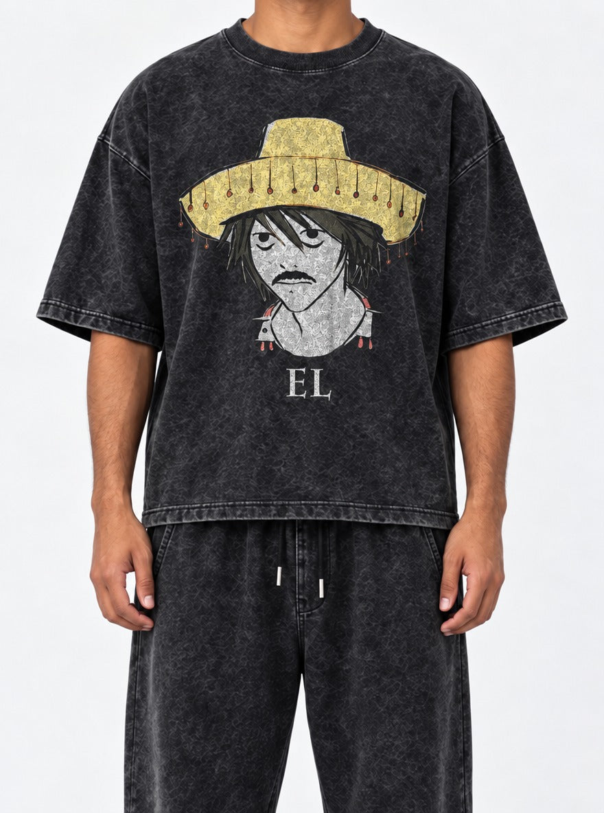 El D Note – Black Acid Wash Tee – model shot | Meme Tees
