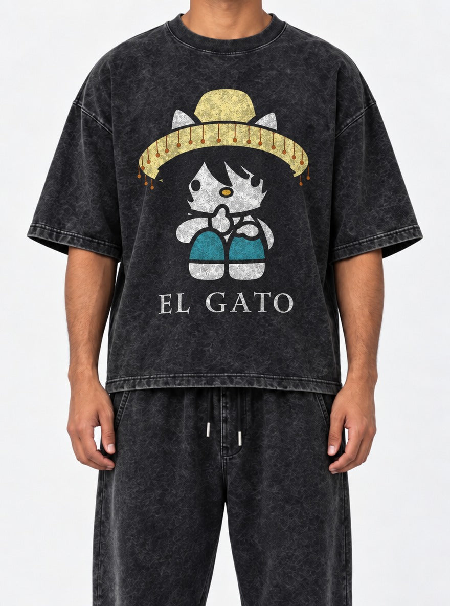 El Gato – Black Acid Wash Tee – model shot | Meme Tees