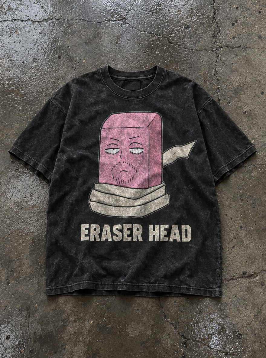 Eraser Head – Black Acid Wash Tee – flat-lay | Meme Tees