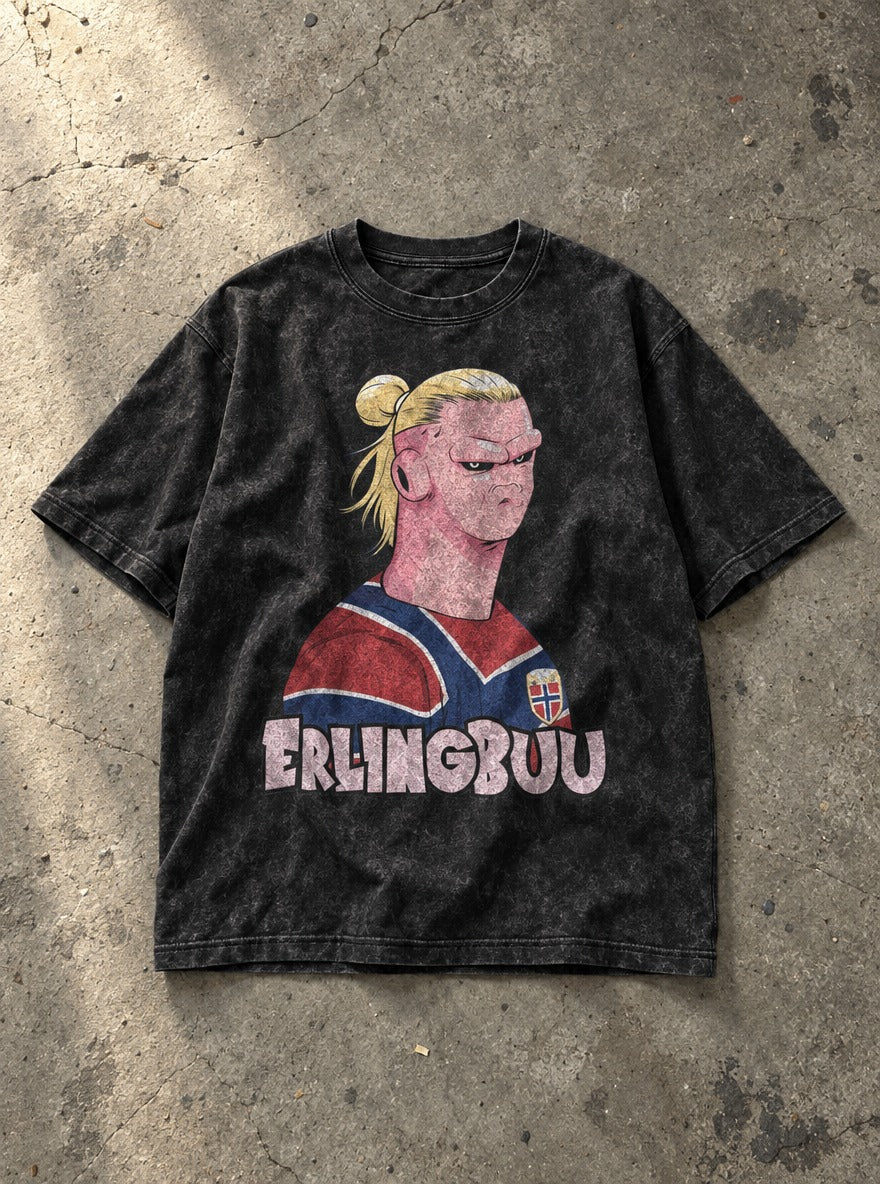 Erling Buu – Black Acid Wash Tee – flat-lay | Meme Tees
