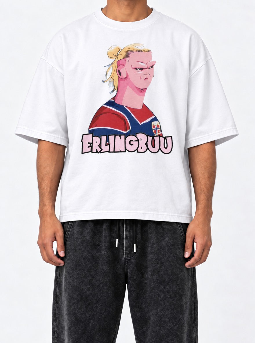 Erling Buu – White Tee – model shot | Meme Tees