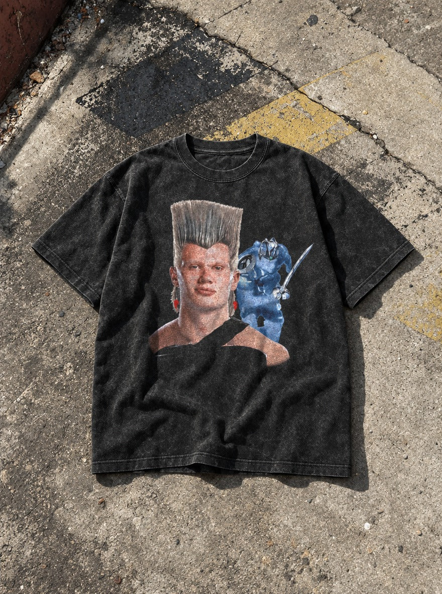 Erling Polnareff – Black Acid Wash Tee – flat-lay | Meme Tees