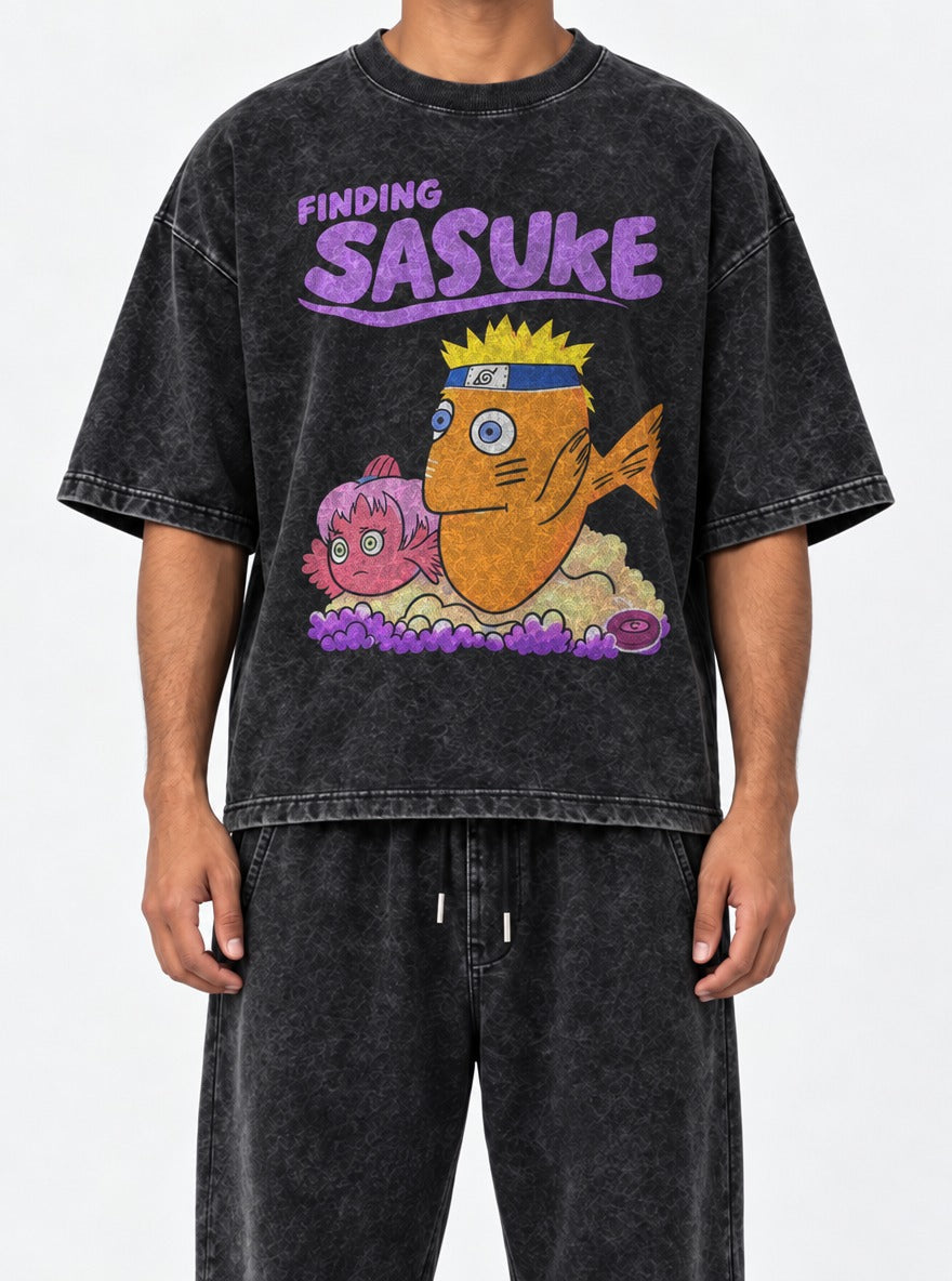 Finding Sasuke – Black Acid Wash Tee – model shot | Meme Tees