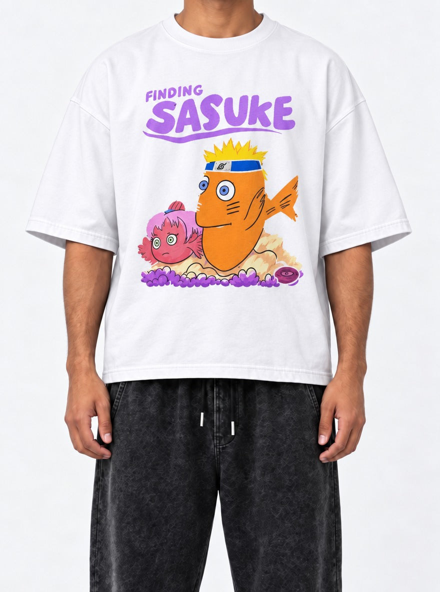 Finding Sasuke – White Tee – model shot | Meme Tees