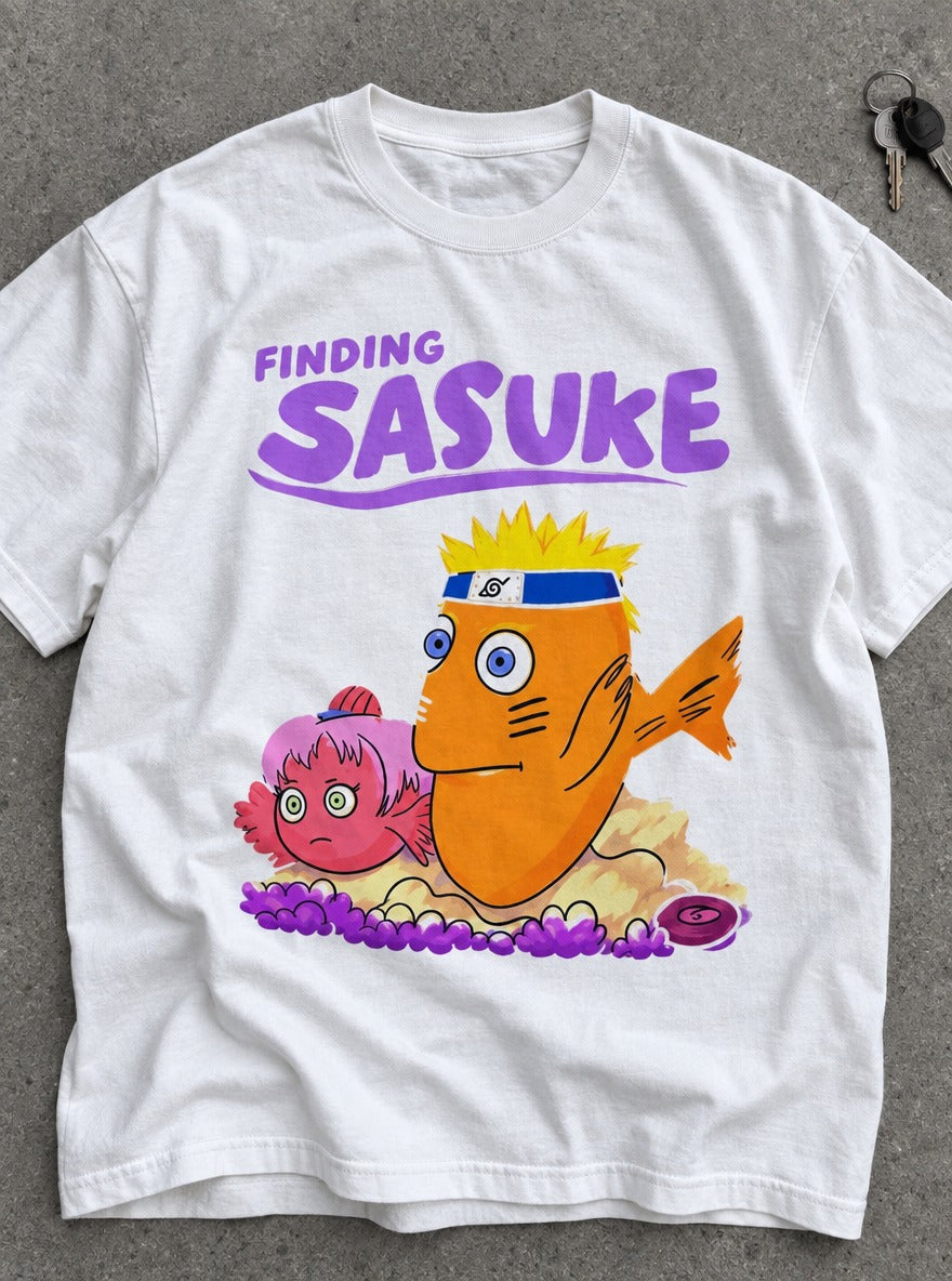 Finding Sasuke – White Tee – flat-lay | Meme Tees