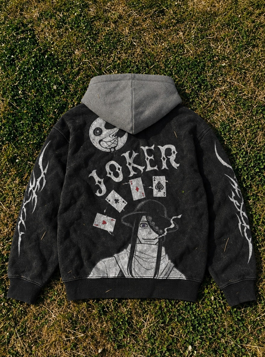 Crescent Cards – Black & Grey Hoodie – flat-lay | Fire Force