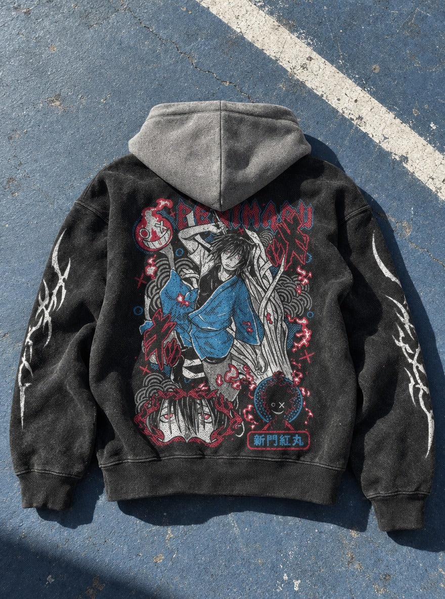 Crimson Lord – Black & Grey Hoodie – flat-lay | Fire Force