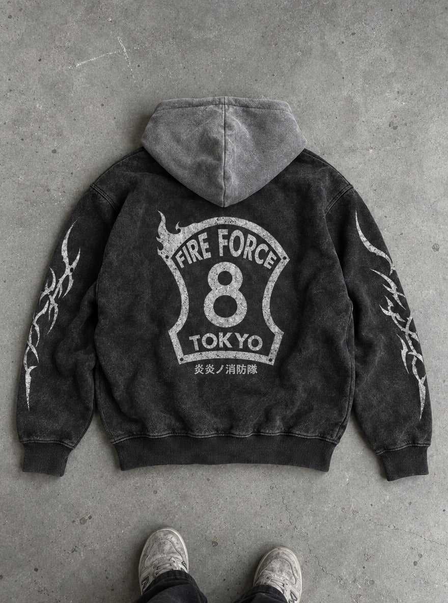 Eight Shield – Black & Grey Hoodie – flat-lay | Fire Force